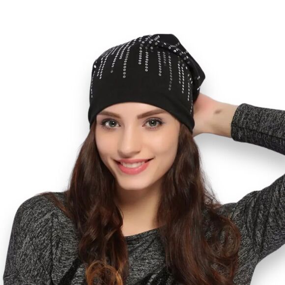 Black Silver Sequins Waterfall Lightweight Cotton Beanie Cap - NEW - Picture 1 of 4